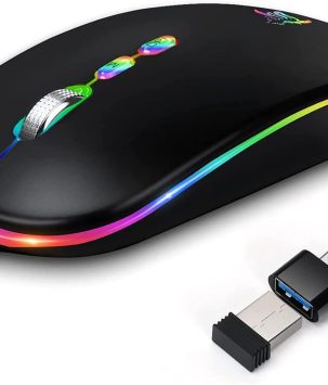 HOTLIFE LED Wireless Mouse, Slim Rechargeable Silent Portable USB Optical 2.4G Wireless Bluetooth Two Mode Computer Mice with USB Receiver and Type C Adapter (Black)