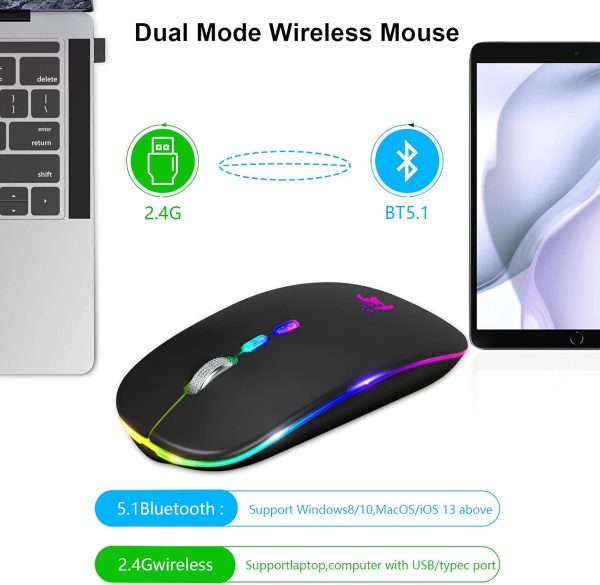 HOTLIFE LED Wireless Mouse, Slim Rechargeable Silent Portable USB Optical 2.4G Wireless Bluetooth Two Mode Computer Mice with USB Receiver and Type C Adapter (Black) - Image 4