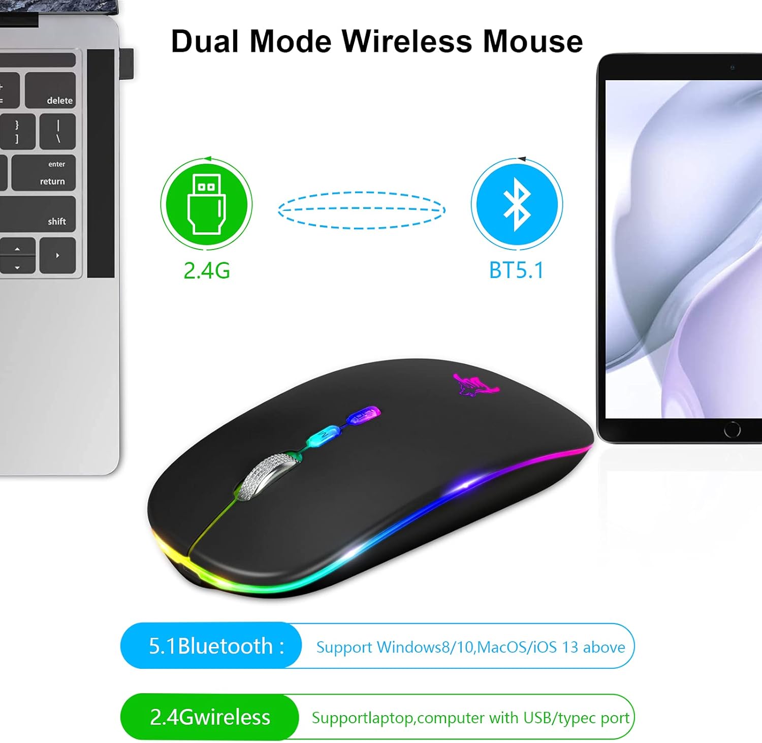 HOTLIFE LED Wireless Mouse, Slim Rechargeable Silent Portable USB Optical 2.4G Wireless Bluetooth Two Mode Computer Mice with USB Receiver and Type C Adapter (Black) - Image 4