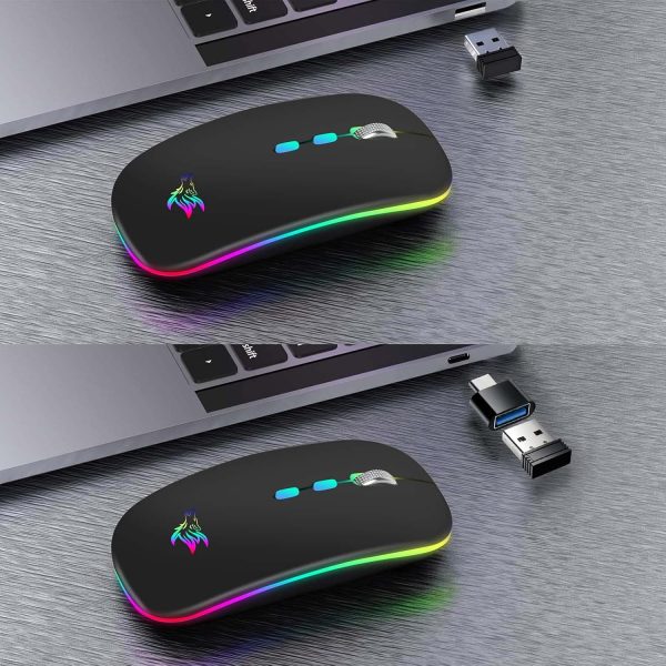 HOTLIFE LED Wireless Mouse, Slim Rechargeable Silent Portable USB Optical 2.4G Wireless Bluetooth Two Mode Computer Mice with USB Receiver and Type C Adapter (Black) - Image 5