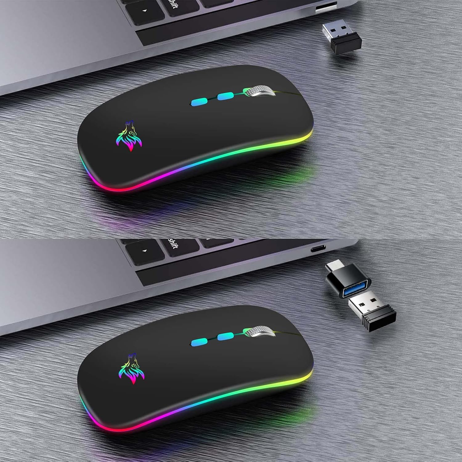 HOTLIFE LED Wireless Mouse, Slim Rechargeable Silent Portable USB Optical 2.4G Wireless Bluetooth Two Mode Computer Mice with USB Receiver and Type C Adapter (Black) - Image 5