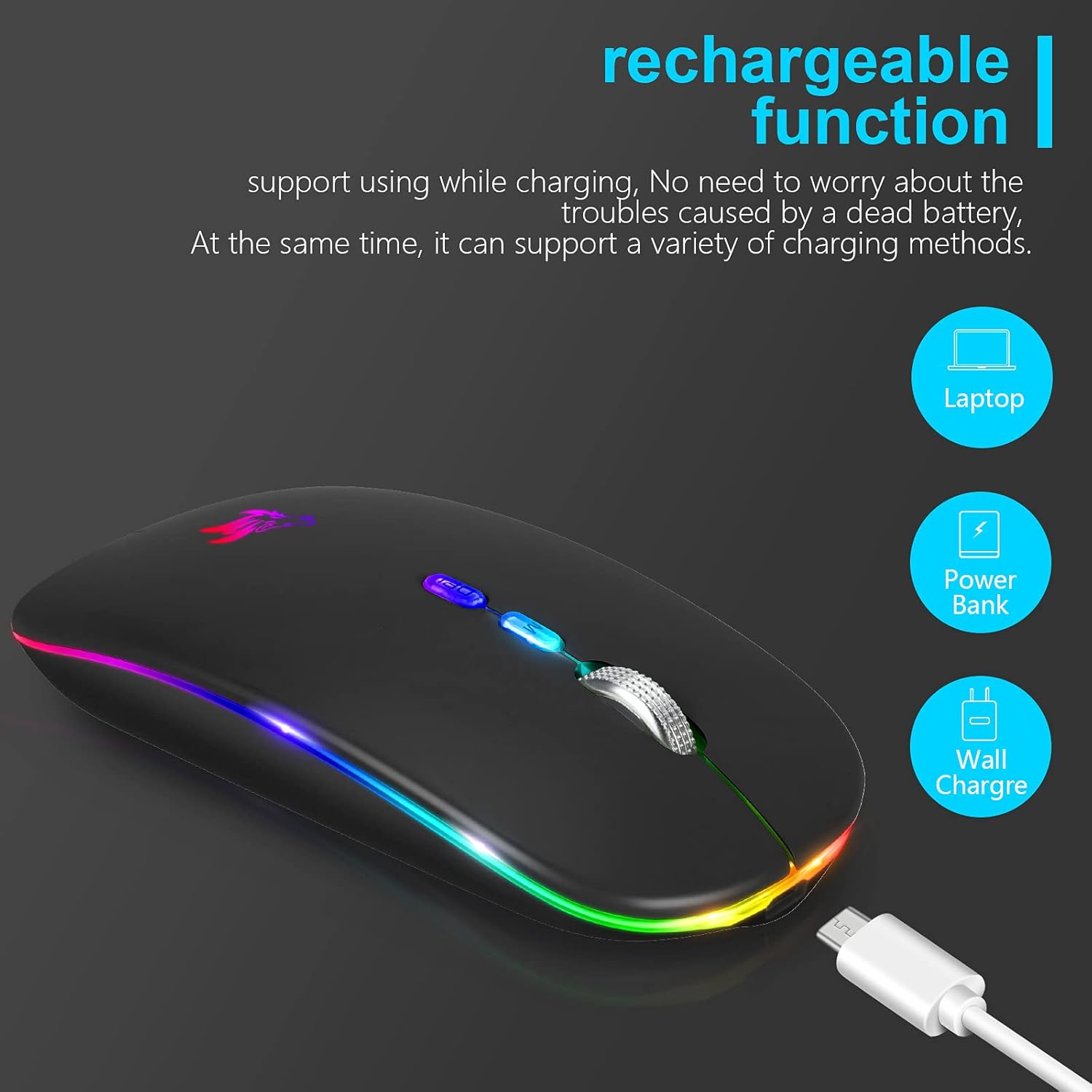 HOTLIFE LED Wireless Mouse, Slim Rechargeable Silent Portable USB Optical 2.4G Wireless Bluetooth Two Mode Computer Mice with USB Receiver and Type C Adapter (Black) - Image 6