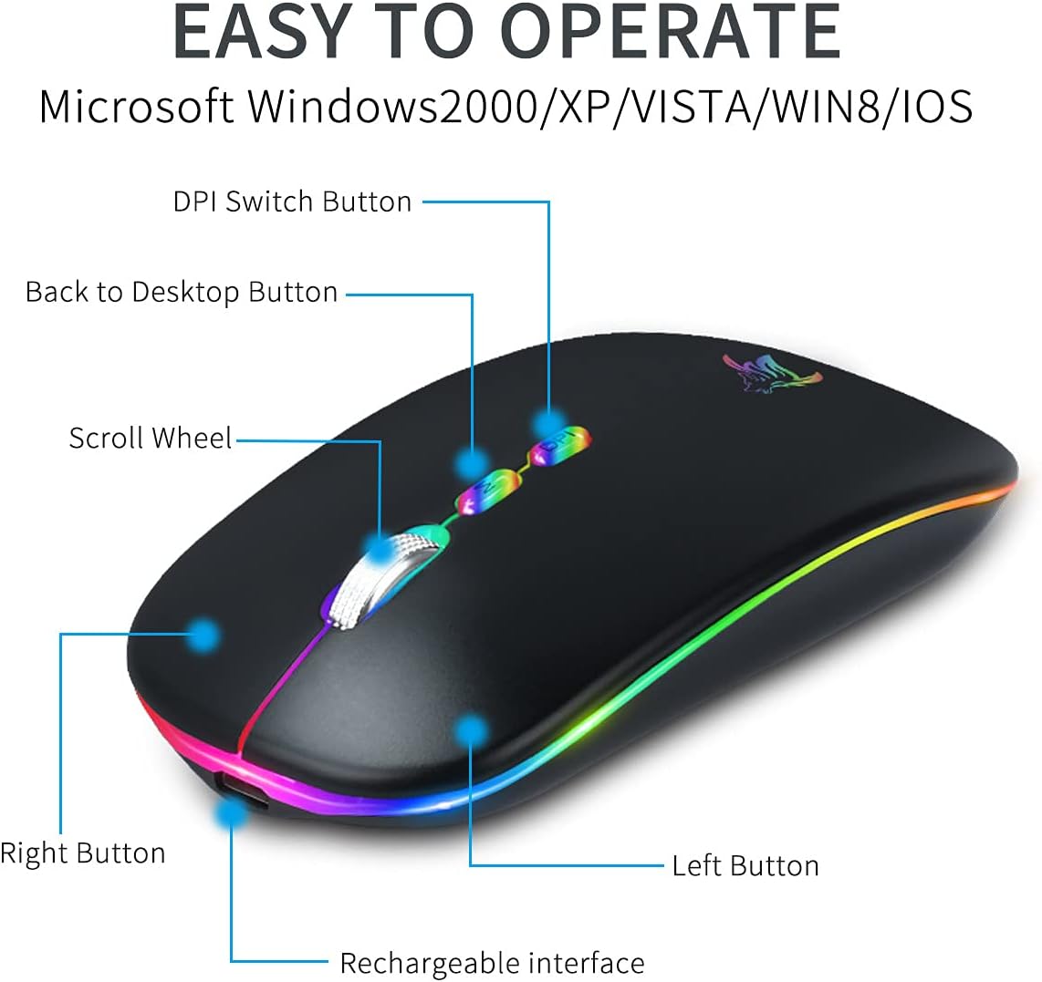 HOTLIFE LED Wireless Mouse, Slim Rechargeable Silent Portable USB Optical 2.4G Wireless Bluetooth Two Mode Computer Mice with USB Receiver and Type C Adapter (Black) - Image 8
