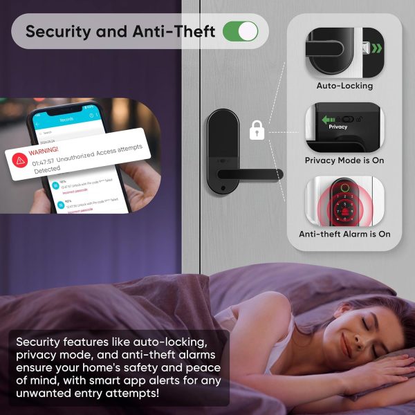 Keyless-Entry Fingerprint Digital Smart Lock: Electronic Door Lock with Code Passcode, Electric Door Knob, Biometric Door Handle (Black) - Image 4