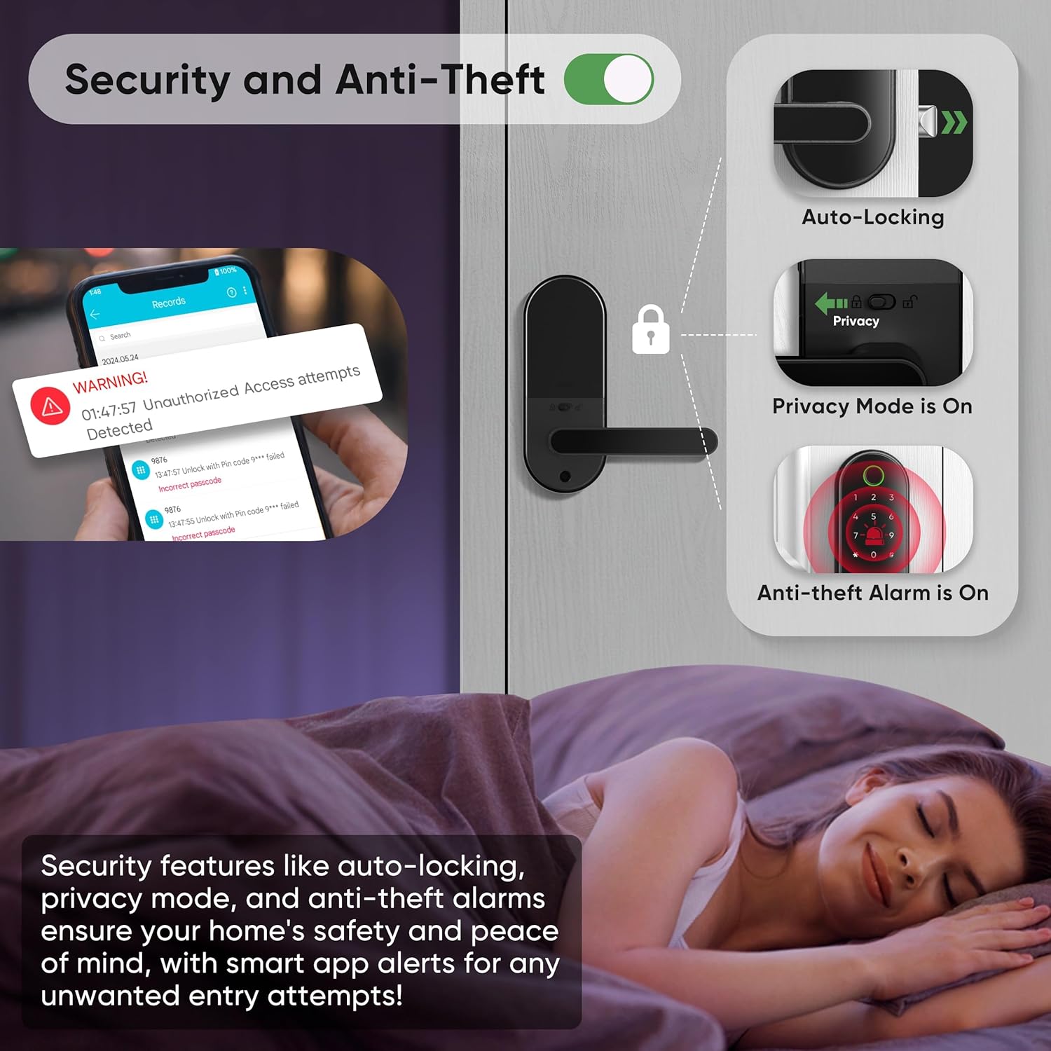 Keyless-Entry Fingerprint Digital Smart Lock: Electronic Door Lock with Code Passcode, Electric Door Knob, Biometric Door Handle (Black) - Image 4