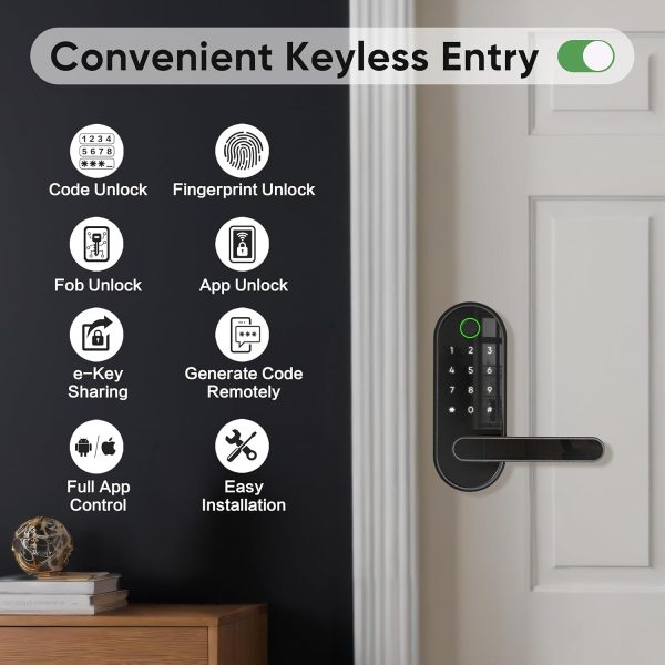 Keyless-Entry Fingerprint Digital Smart Lock: Electronic Door Lock with Code Passcode, Electric Door Knob, Biometric Door Handle (Black) - Image 6