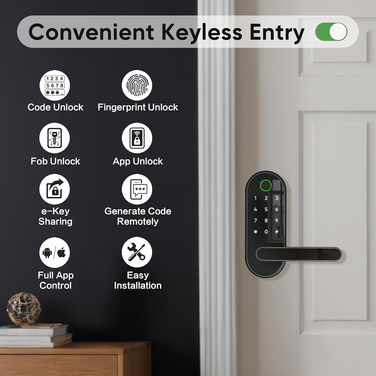 Keyless-Entry Fingerprint Digital Smart Lock: Electronic Door Lock with Code Passcode, Electric Door Knob, Biometric Door Handle (Black) - Image 6