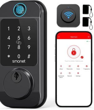 Smart Locks WiFi Deadbolt: SMONET Fingerprint Front Door Lock Keyless Entry with Keypad Electronic Digital Deadbolt Alexa Gateway Remote Control, Bluetooth APP KeyFob Code Auto-Lock for Home, Black