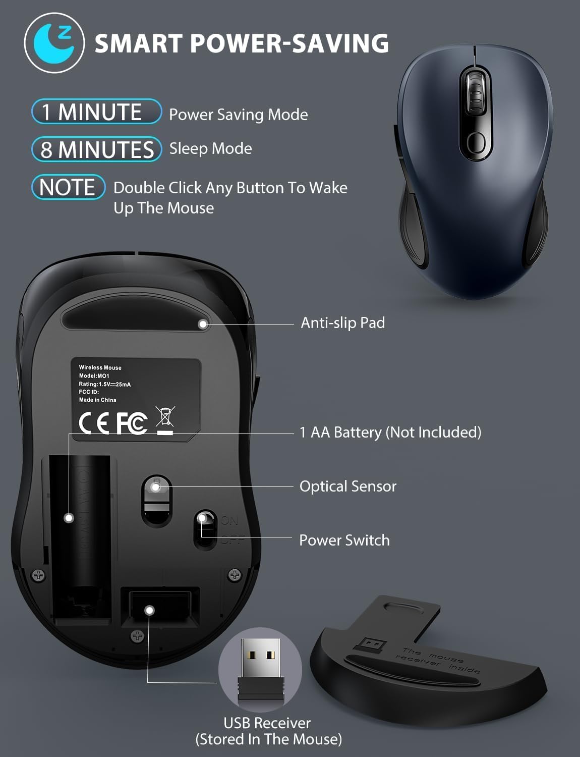 Trueque Wireless Mouse for Laptop, 2.4GHz Ergonomic Computer Mouse with Back & Forward Buttons, 3 Adjustable DPI Levels, 6 Buttons, Optical USB Cordless Mice for Windows Chromebook MacBook PC (Gray) - Image 9